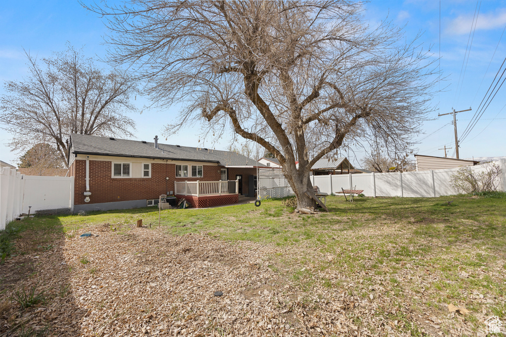Fenced backyard with a deck