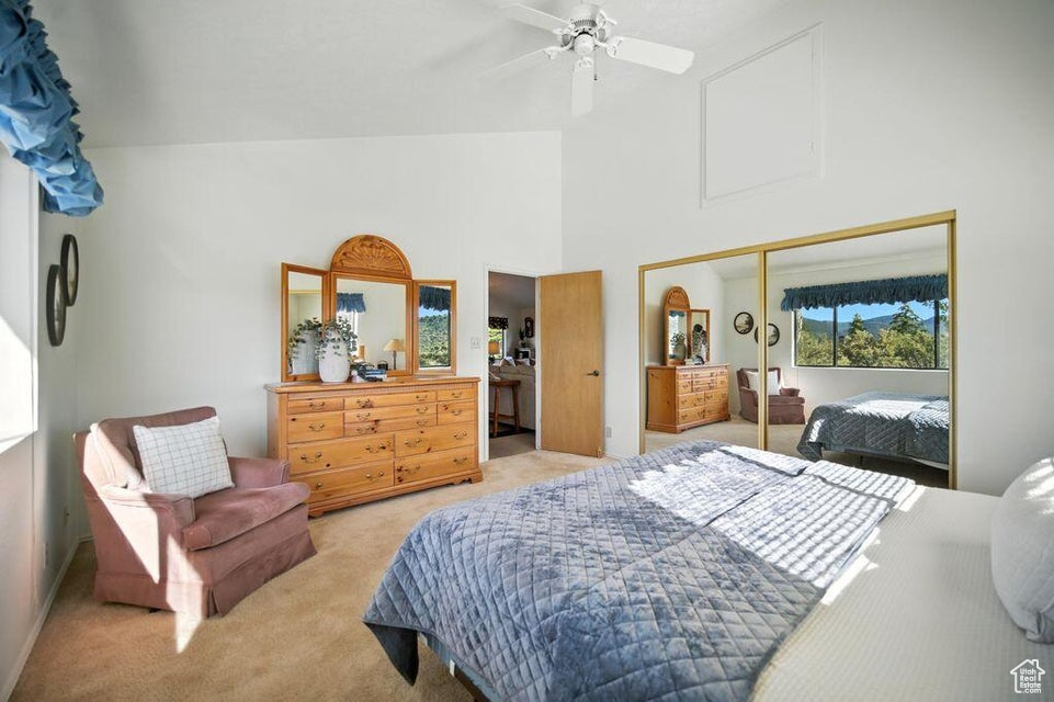 Bedroom featuring carpet, ceiling fan, a closet, and a high ceiling