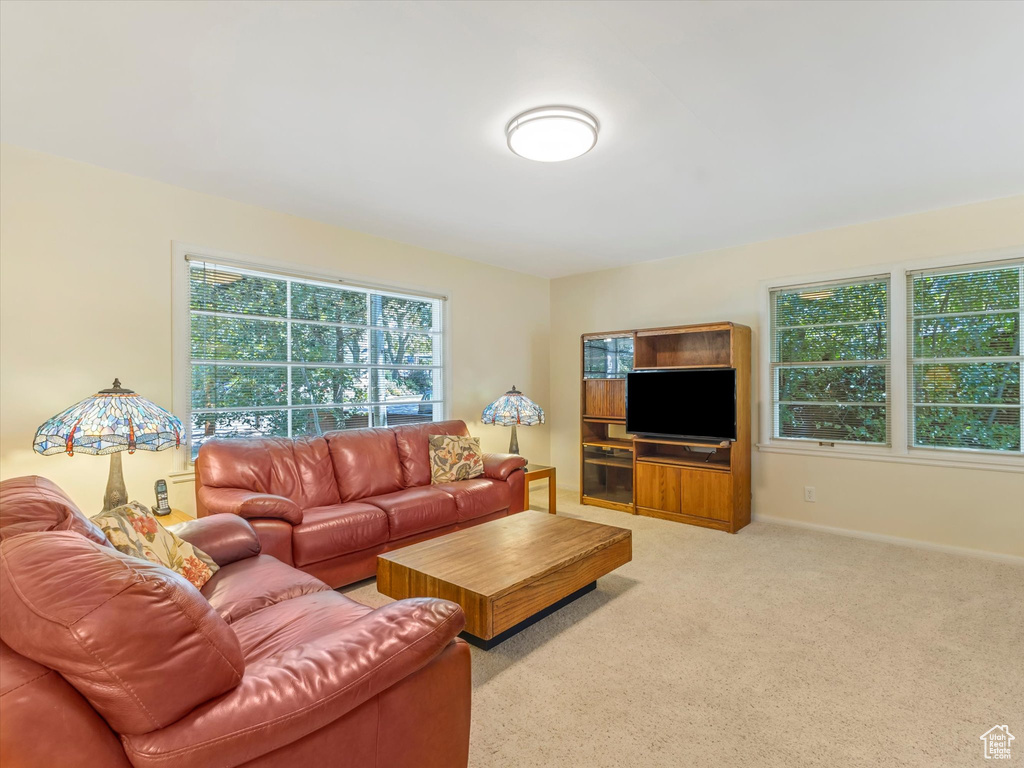 Living room featuring light carpet and baseboards