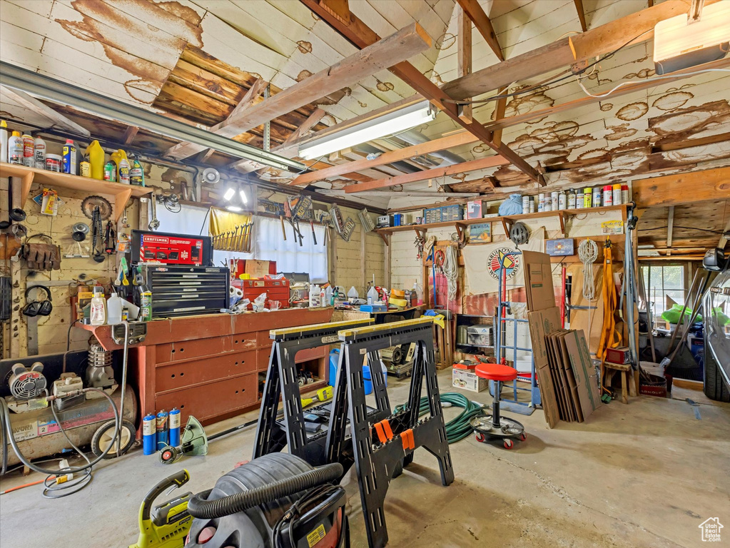 Basement with a workshop area