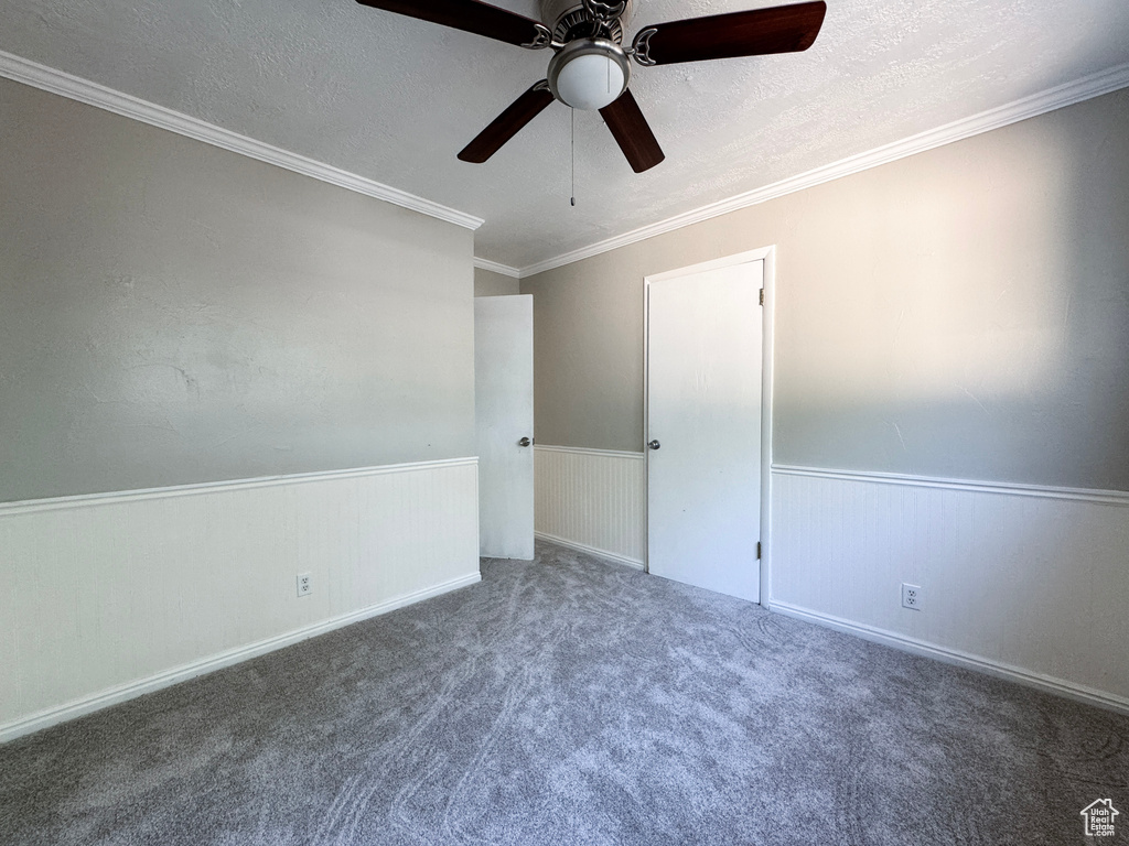 Unfurnished room with ceiling fan, wainscoting, a textured ceiling, carpet, and ornamental molding