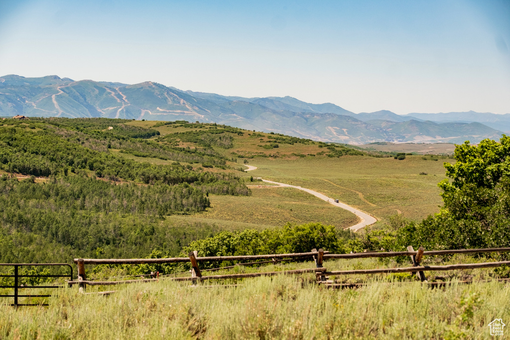 View of mountain backdrop with rural landscape