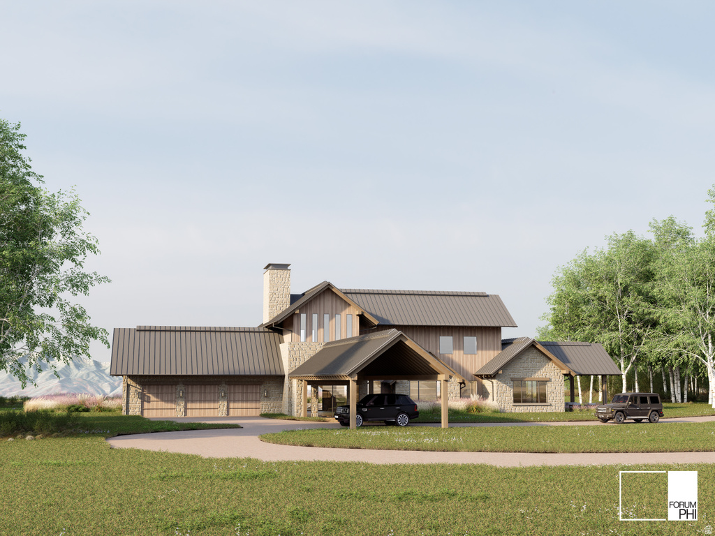 Expansive modern rustic exterior featuring a metal roof, stone and wood siding, a two-car garage with wood doors, and a covered porte-cochère