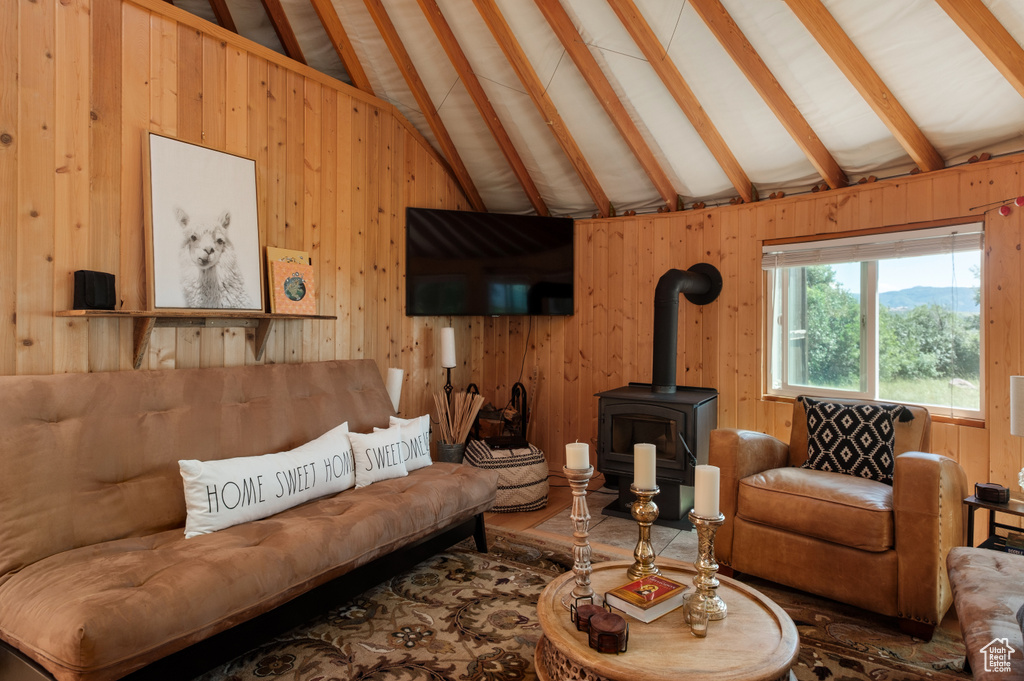 Living area with a wood stove and wooden walls