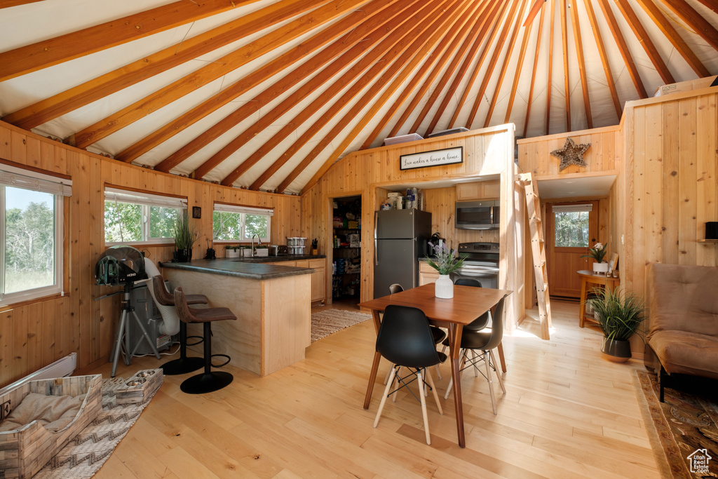 Kitchen with stainless steel appliances, vaulted ceiling, wooden walls, dark countertops, and a peninsula