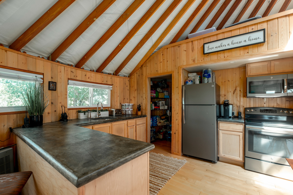 Kitchen featuring appliances with stainless steel finishes, dark countertops, wood walls, light wood-style flooring, and a peninsula