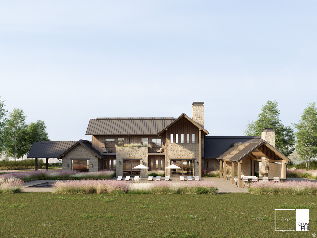 Stone and wood-clad exterior with multiple covered patios