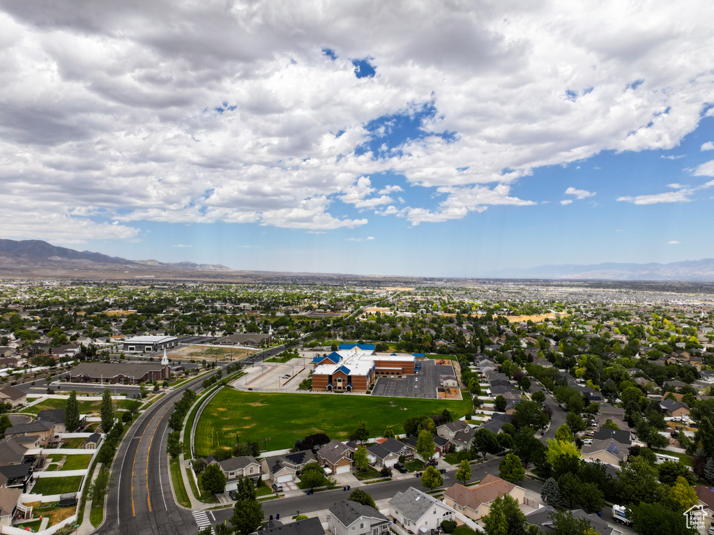 Aerial view of residential area with mountains