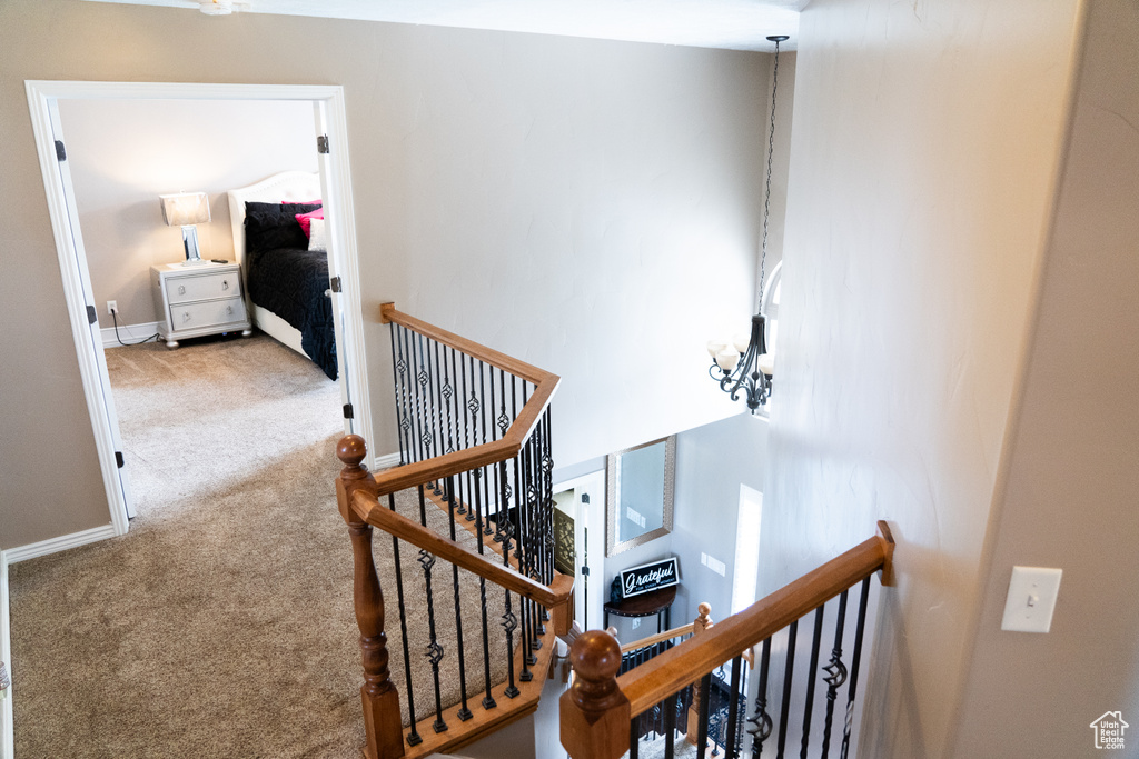 Stairway featuring carpet floors and baseboards