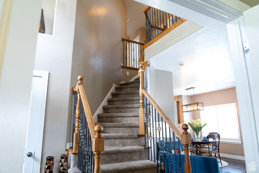 Stairway featuring a chandelier, a towering ceiling, and wood finished floors