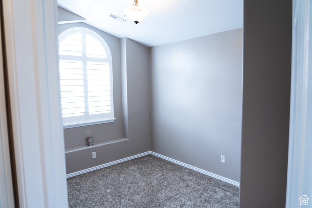 Empty room with carpet, vaulted ceiling, and healthy amount of natural light