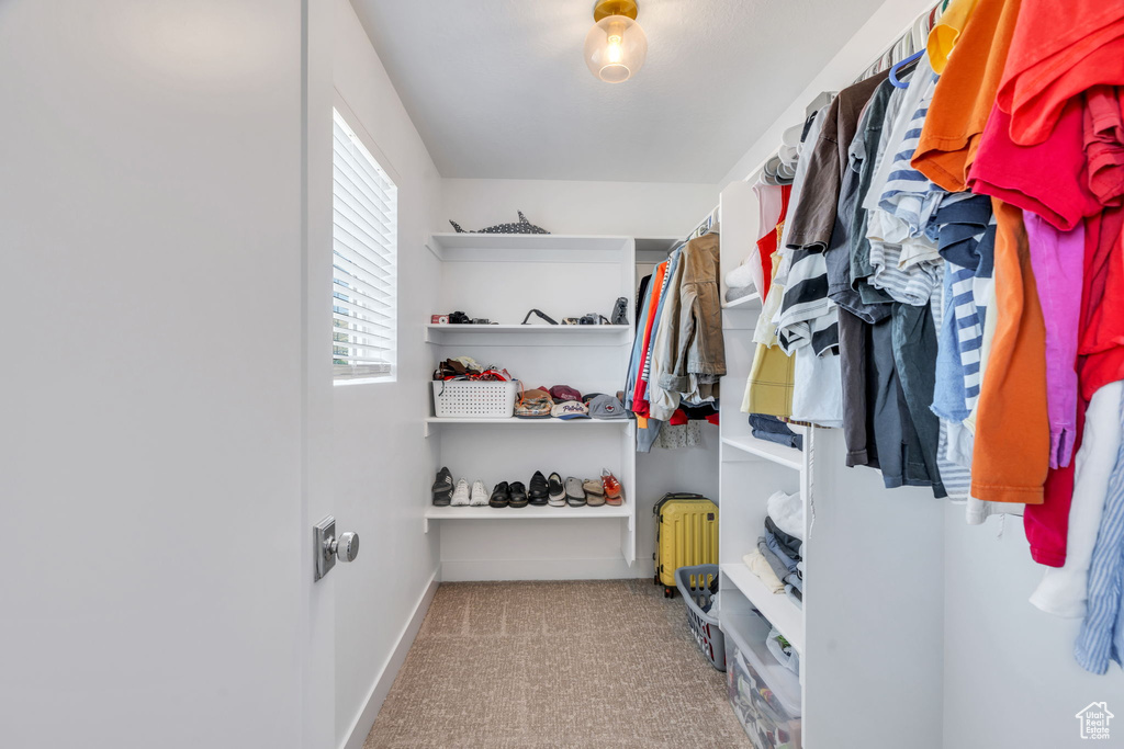 Walk in closet with carpet flooring