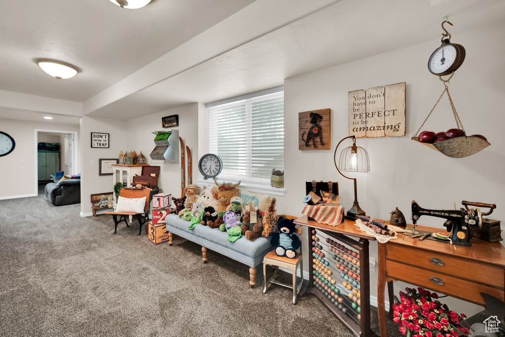 Rec room with carpet flooring and baseboards
