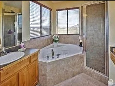 Full bathroom with vanity, a stall shower, and a bath