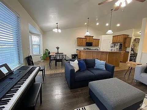 Living room with dark wood-type flooring, a chandelier, and ceiling fan