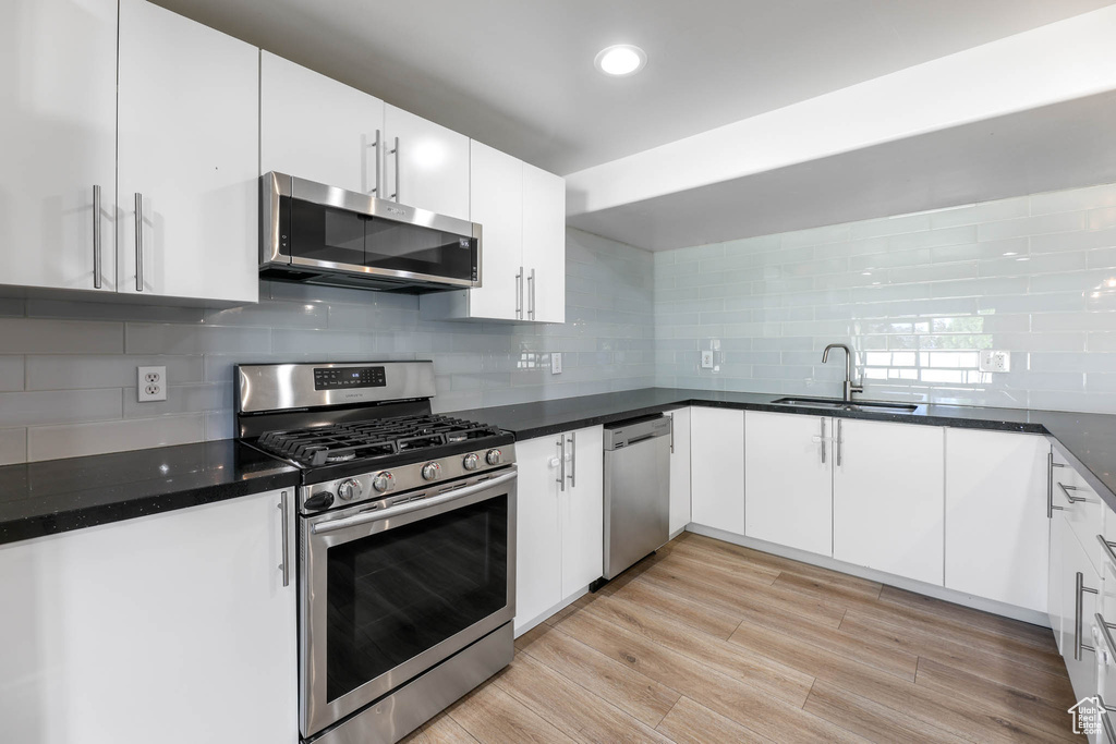 Kitchen featuring stainless steel appliances, backsplash, white cabinets, recessed lighting, and light wood finished floors