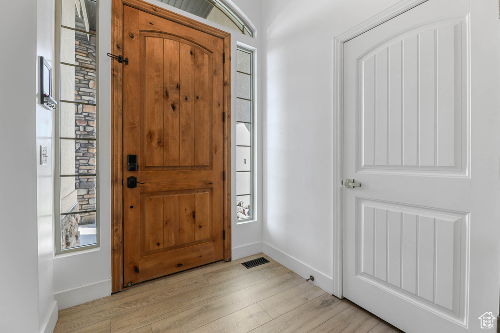 Foyer with light wood-style floors and plenty of natural light