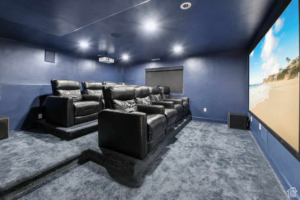 Carpeted cinema featuring recessed lighting
