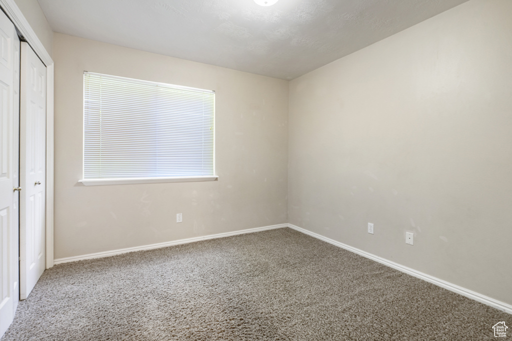 Unfurnished bedroom featuring carpet floors and a closet