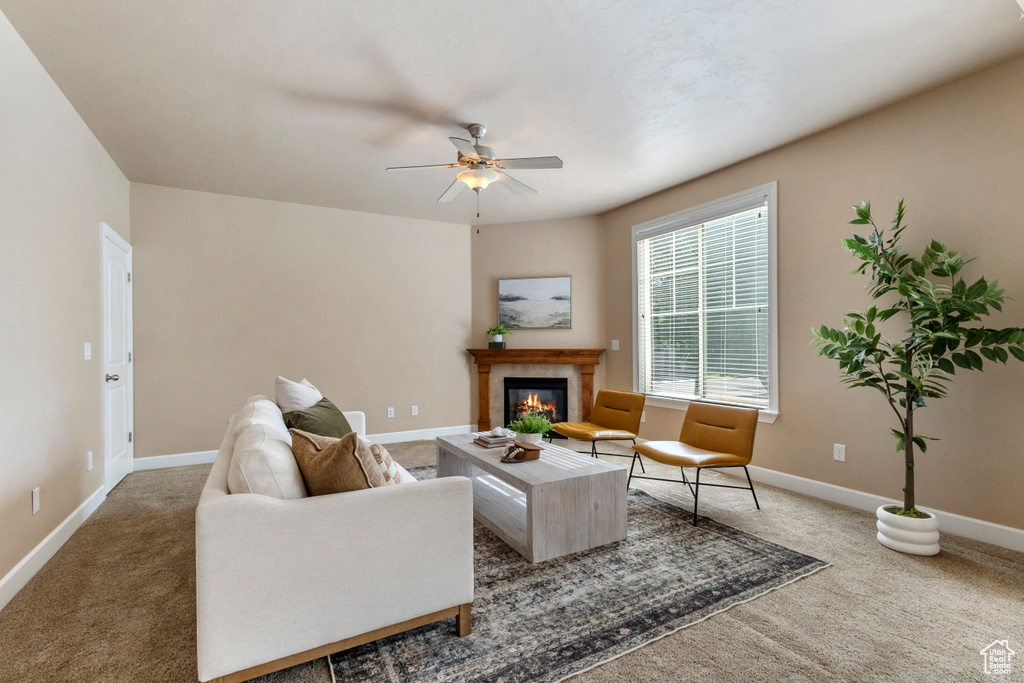 Living room with a glass covered fireplace, ceiling fan, and carpet