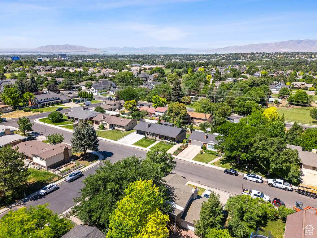 Aerial view of residential area with mountains