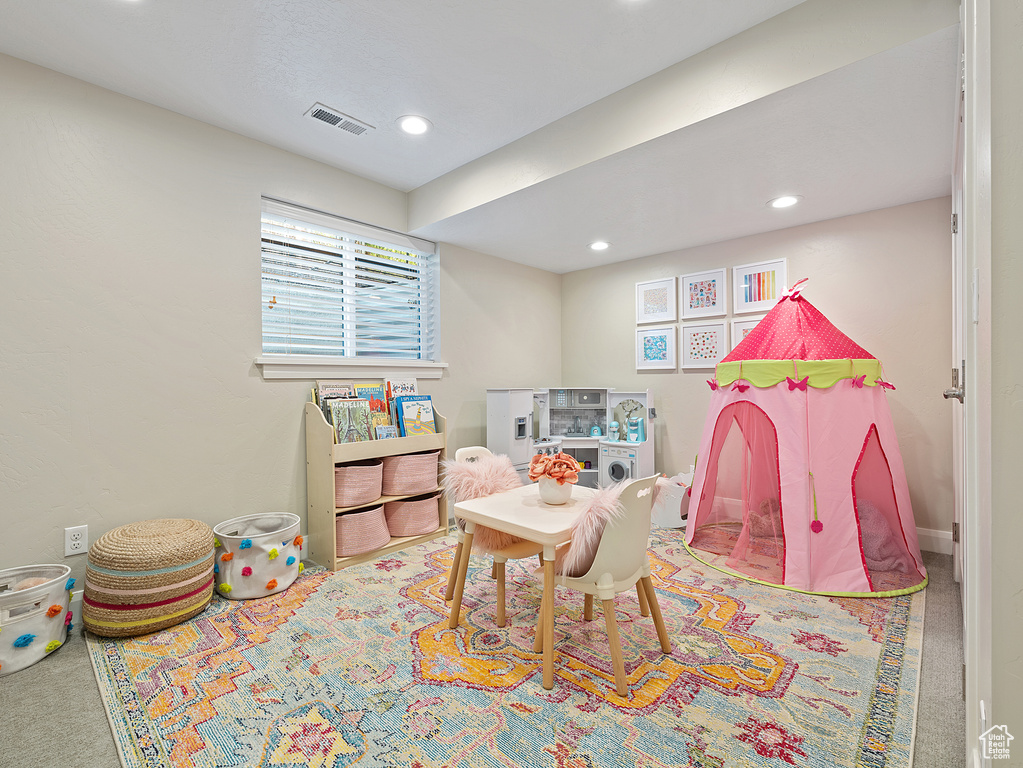 Rec room featuring carpet and recessed lighting