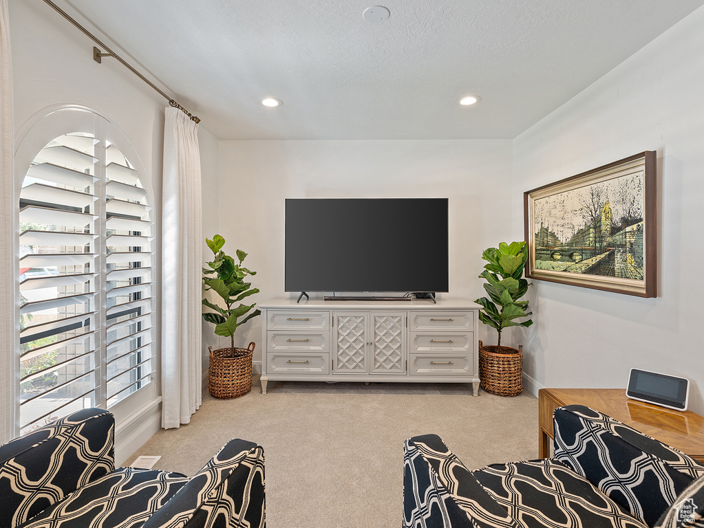 Carpeted living area with recessed lighting