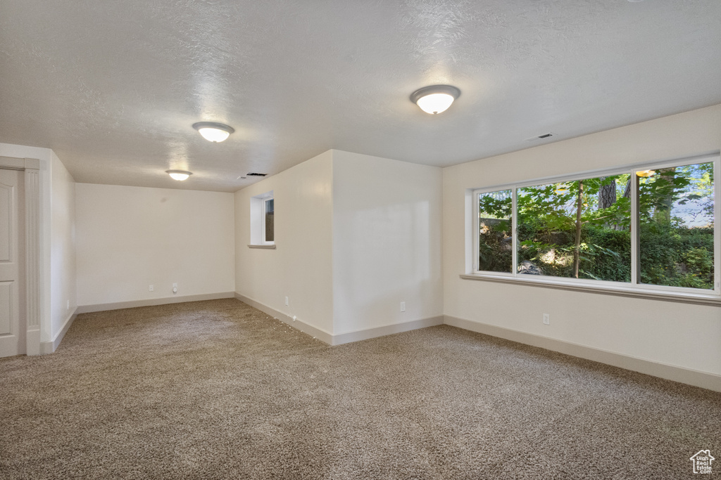 Unfurnished room with light carpet and a textured ceiling