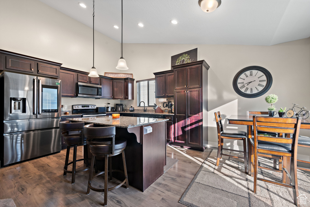 Kitchen with appliances with stainless steel finishes, high vaulted ceiling, a center island, a breakfast bar area, and dark brown cabinetry