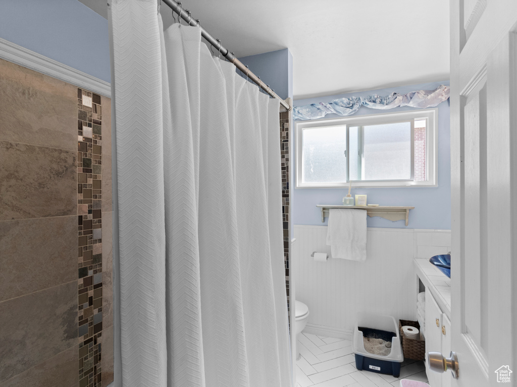 Bathroom with a wainscoted wall, vanity, and a shower with curtain