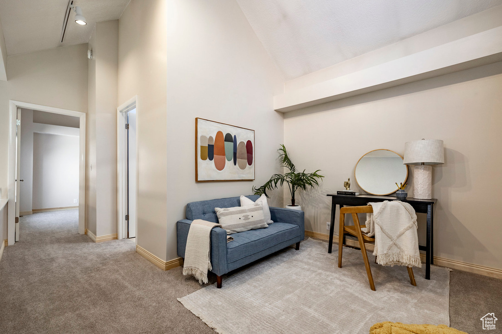 Living area featuring high vaulted ceiling, carpet floors, and attic access