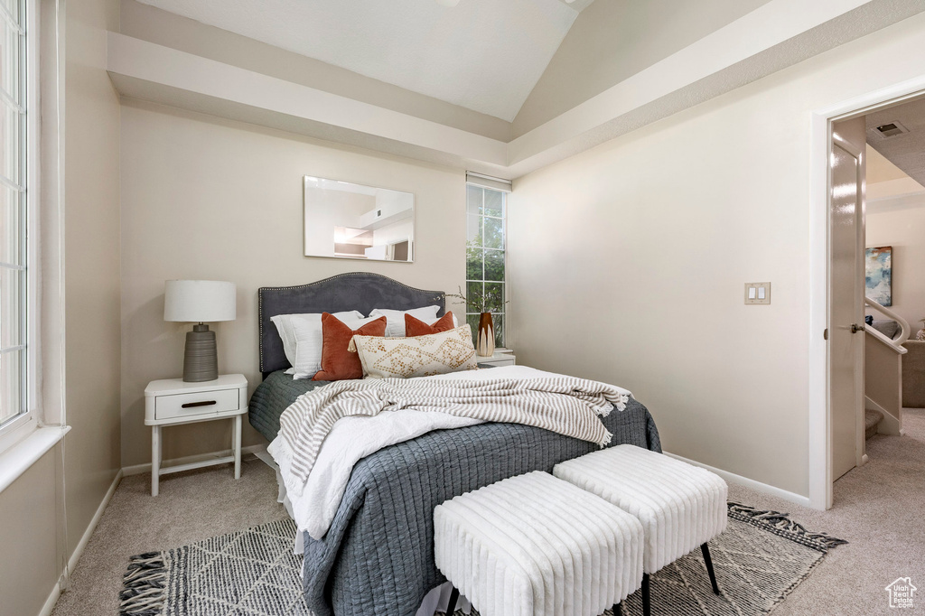 Bedroom featuring carpet flooring and vaulted ceiling