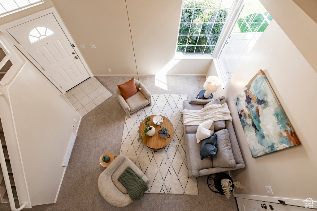 Living area with carpet flooring