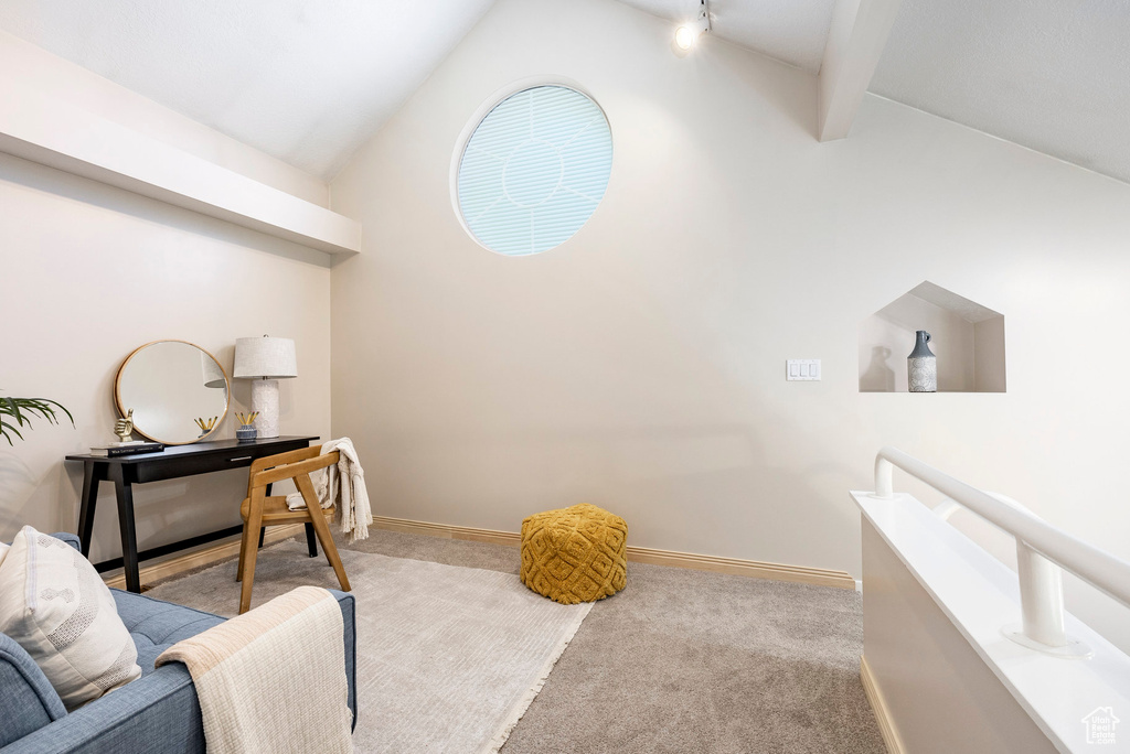 Carpeted office space featuring lofted ceiling and track lighting