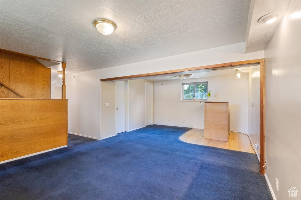 Basement with a textured ceiling and carpet flooring