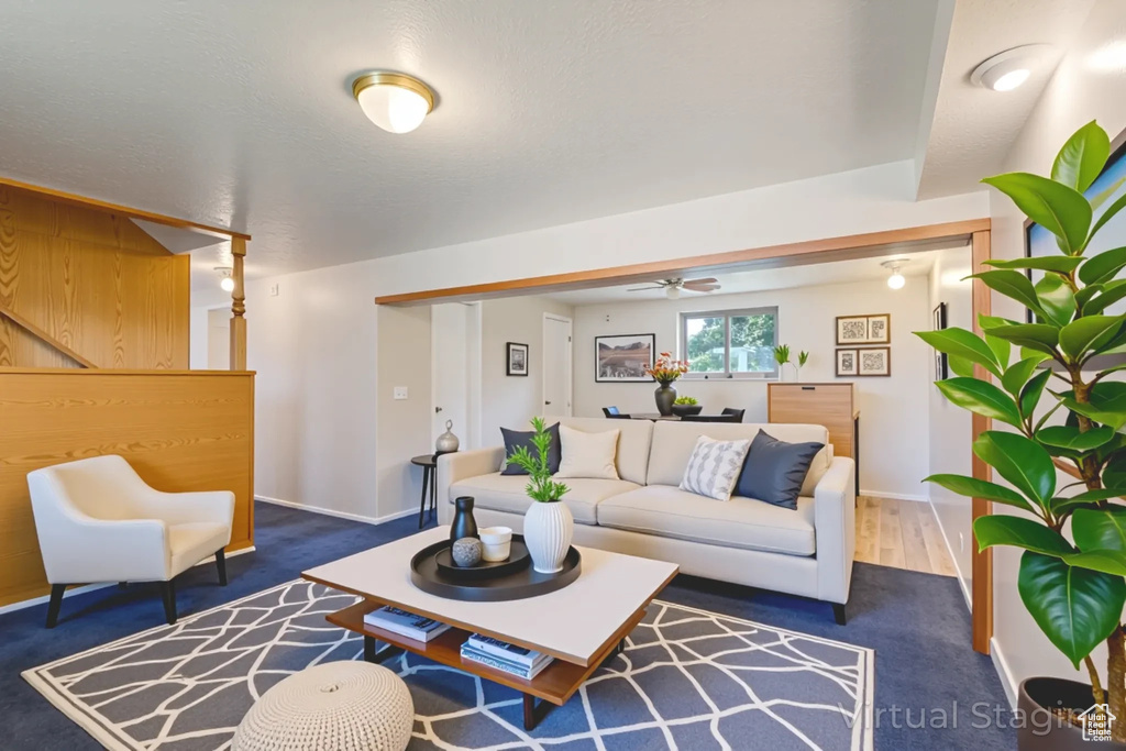 Living area featuring a ceiling fan and baseboards