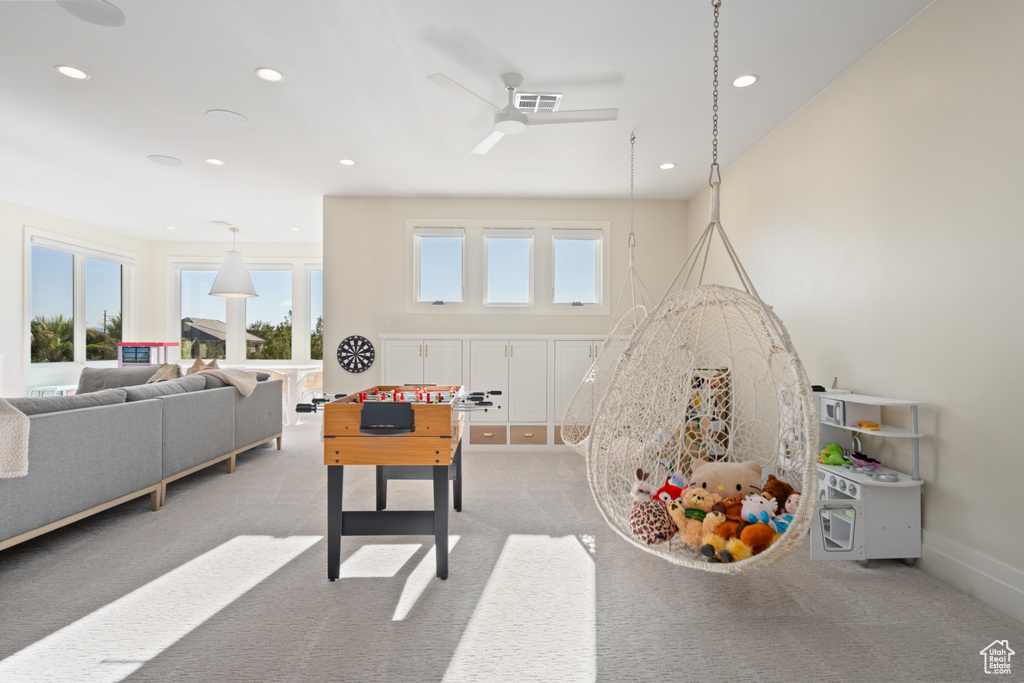 Rec room with light carpet, a ceiling fan, and recessed lighting