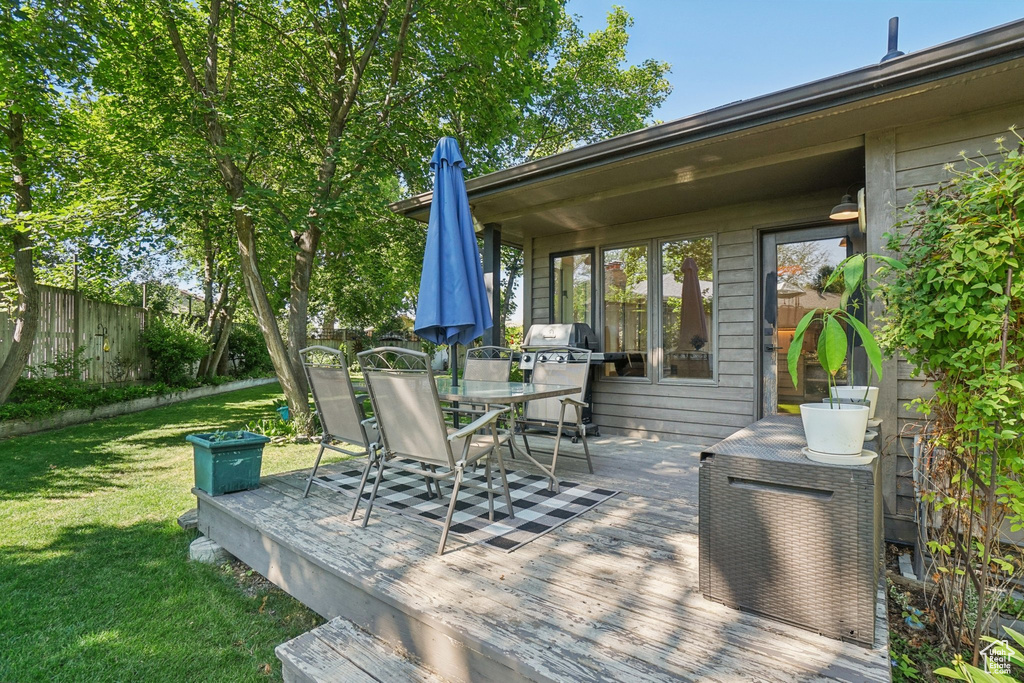 Deck featuring outdoor dining area and grilling area