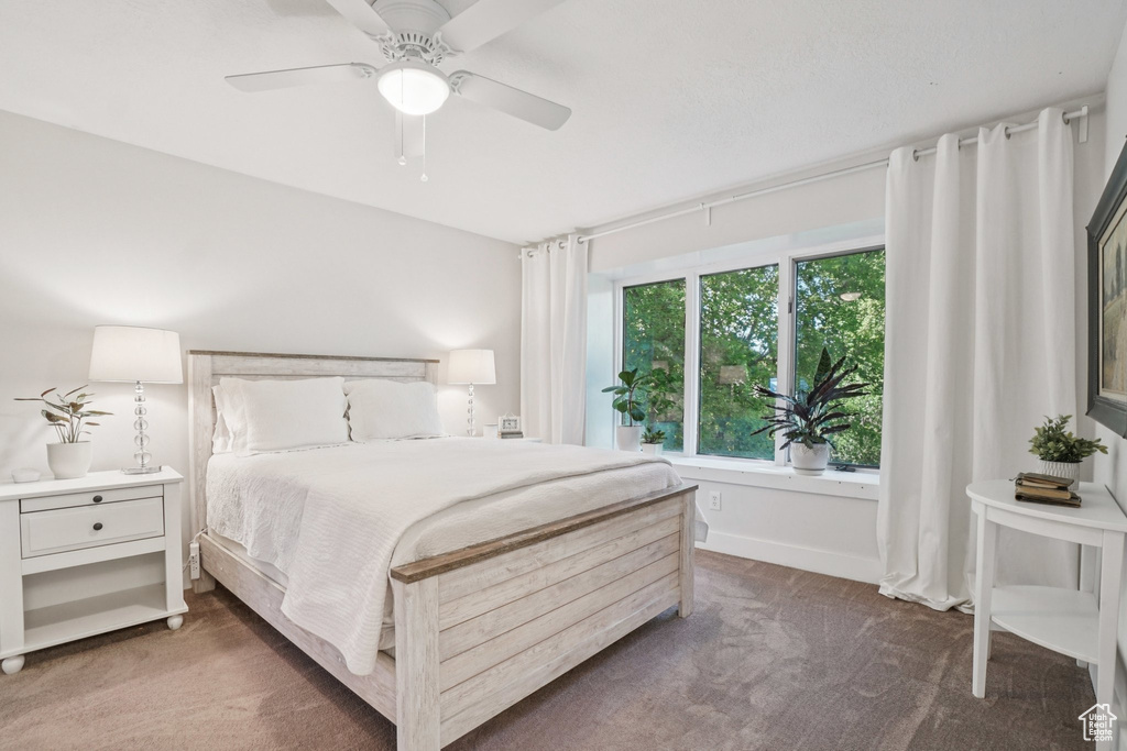 Carpeted bedroom with baseboards and a ceiling fan
