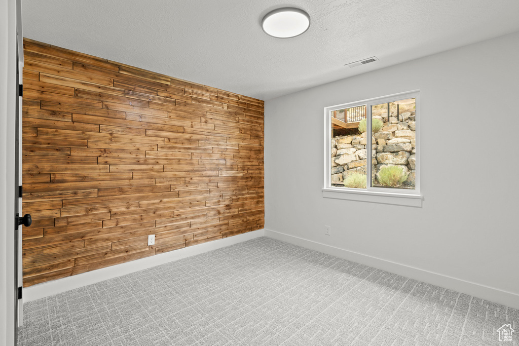 Empty room with wooden walls and carpet floors