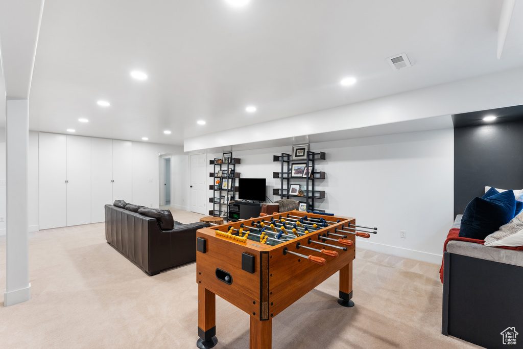 Playroom featuring light carpet and recessed lighting
