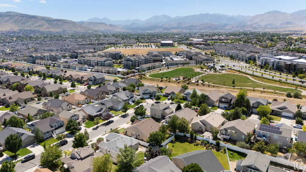 Aerial perspective of suburban area with mountains