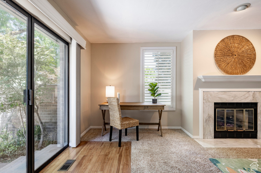 Office area with plenty of natural light, a fireplace, and wood finished floors