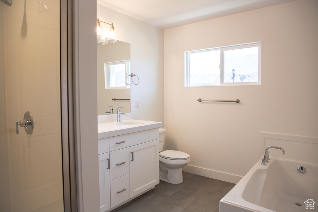 Full bath featuring plenty of natural light, vanity, a garden tub, and a shower stall