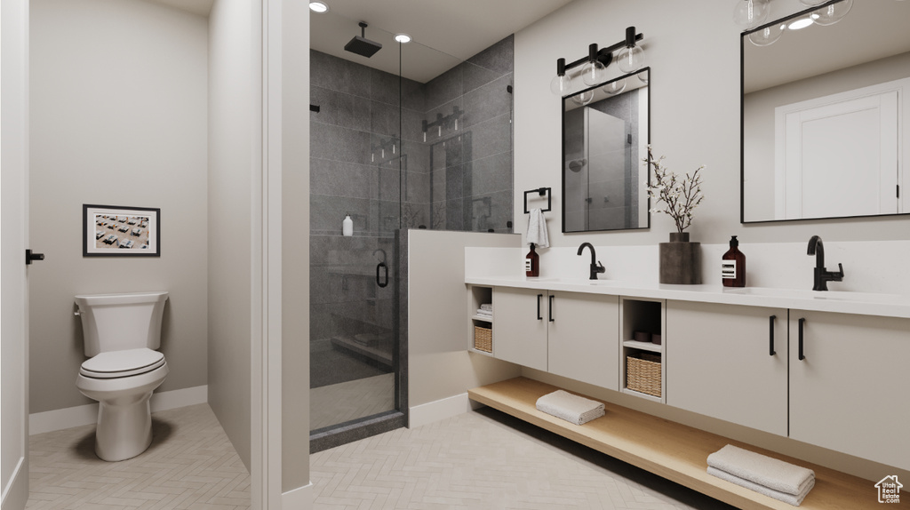Full bathroom with double vanity, a stall shower, and recessed lighting