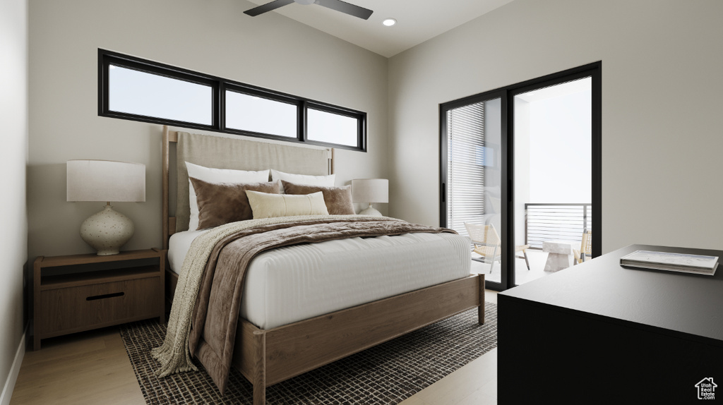 Bedroom featuring light wood-style floors and ceiling fan