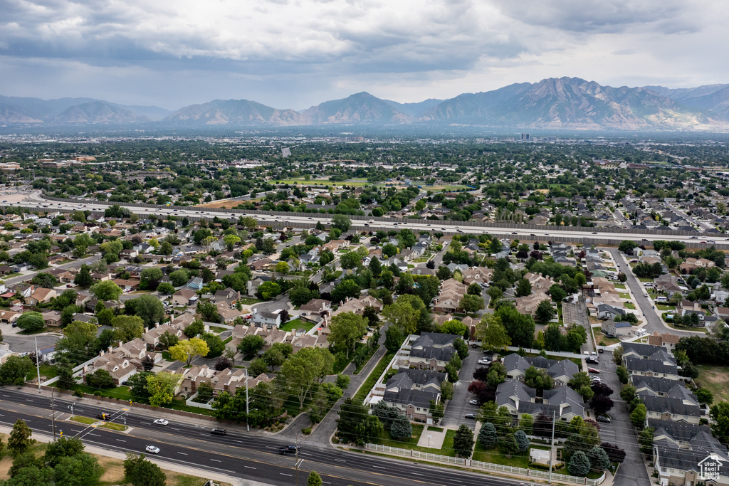 Aerial perspective of suburban area featuring mountains