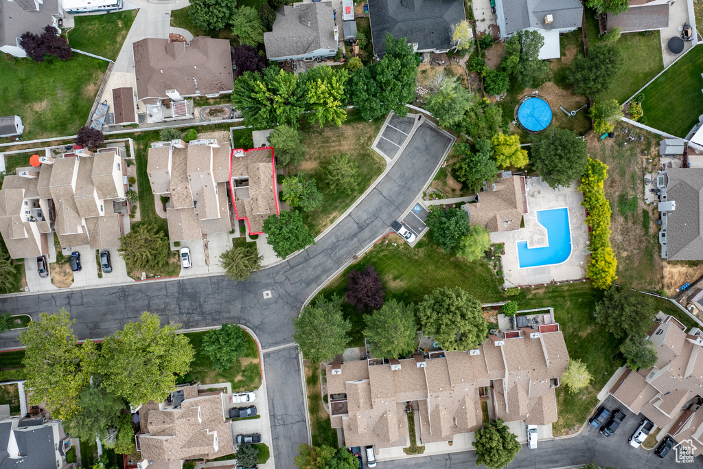 Aerial overview of property\'s location featuring nearby suburban area