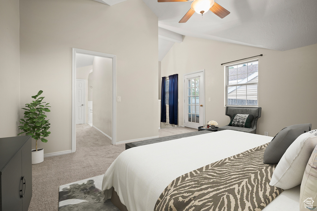 Bedroom with light carpet and a ceiling fan