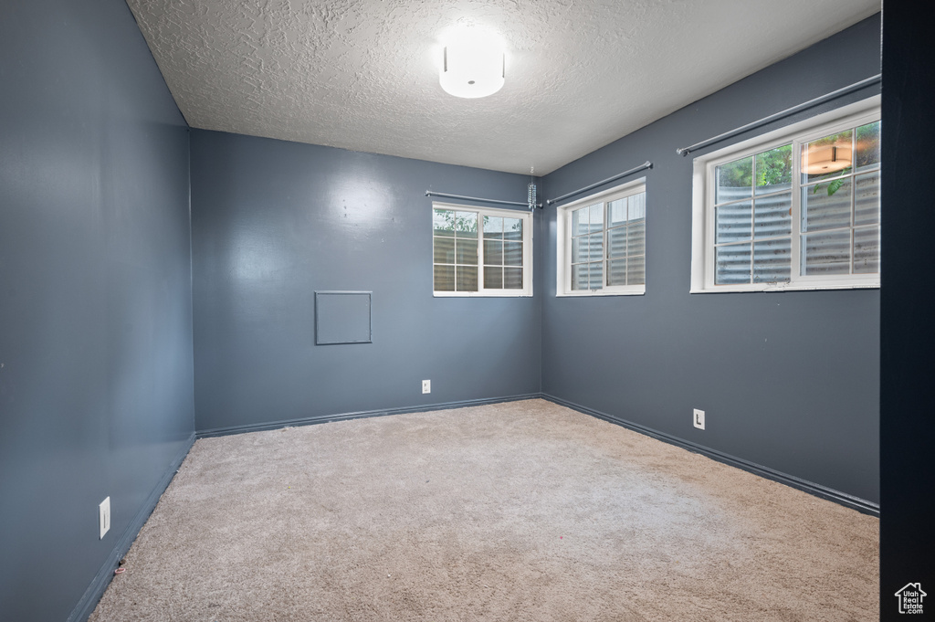 Carpeted spare room featuring a textured ceiling and healthy amount of natural light